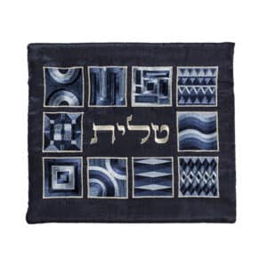תיק לטלית עם רקמה מלאה בדוגמת ריבועים בצבע כחול כהה