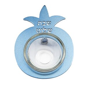 מלחיה לשבת מזכוכית עם מסגרת רימון בצבע כחול ומגזרת כיתוב שבת שלום