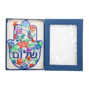 חמסה גדולה צבעונית עם ציפורים ופרפרים וכיתוב "שלום"