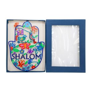 חמסה גדולה צבעונית עם ציפורים ופרפרים וכיתוב "שלום" באנגלית