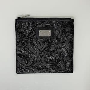 Shiny Genuine Leather Rashi Tefillin Case in Black with Leaf Texture
