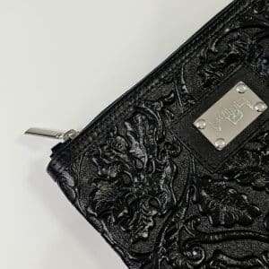 Shiny Genuine Leather Rashi Tefillin Case in Black with Leaf Texture