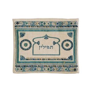 תיק תפילין מפשתן עם רקמה בגוונים כחולים