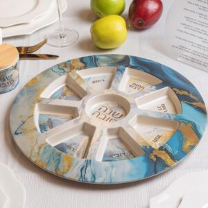 צלחת ברכות לראש השנה - דגם מרבל כחול וזהב
