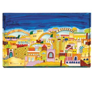 מגש לחלות שבת מלבני מעץ מצוייר בעבודת יד - דגם ירושלים