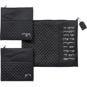 תיק לטלית דמוי עור שחור עם 2 תיקים נפרדים לתפילין רש"י ור"ת
