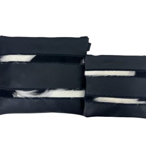 סט תיקי טלית ותפילין – דגם יוקרתי בשילוב עור שחור ופסי פרווה בגווני שחור ולבן
